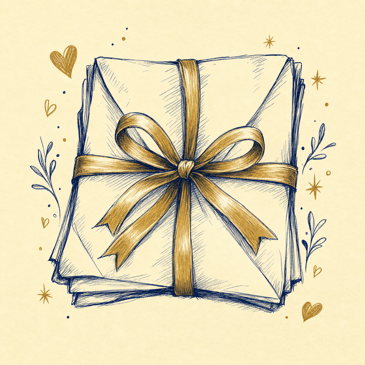 Stack of letters tied with a gold ribbon bow