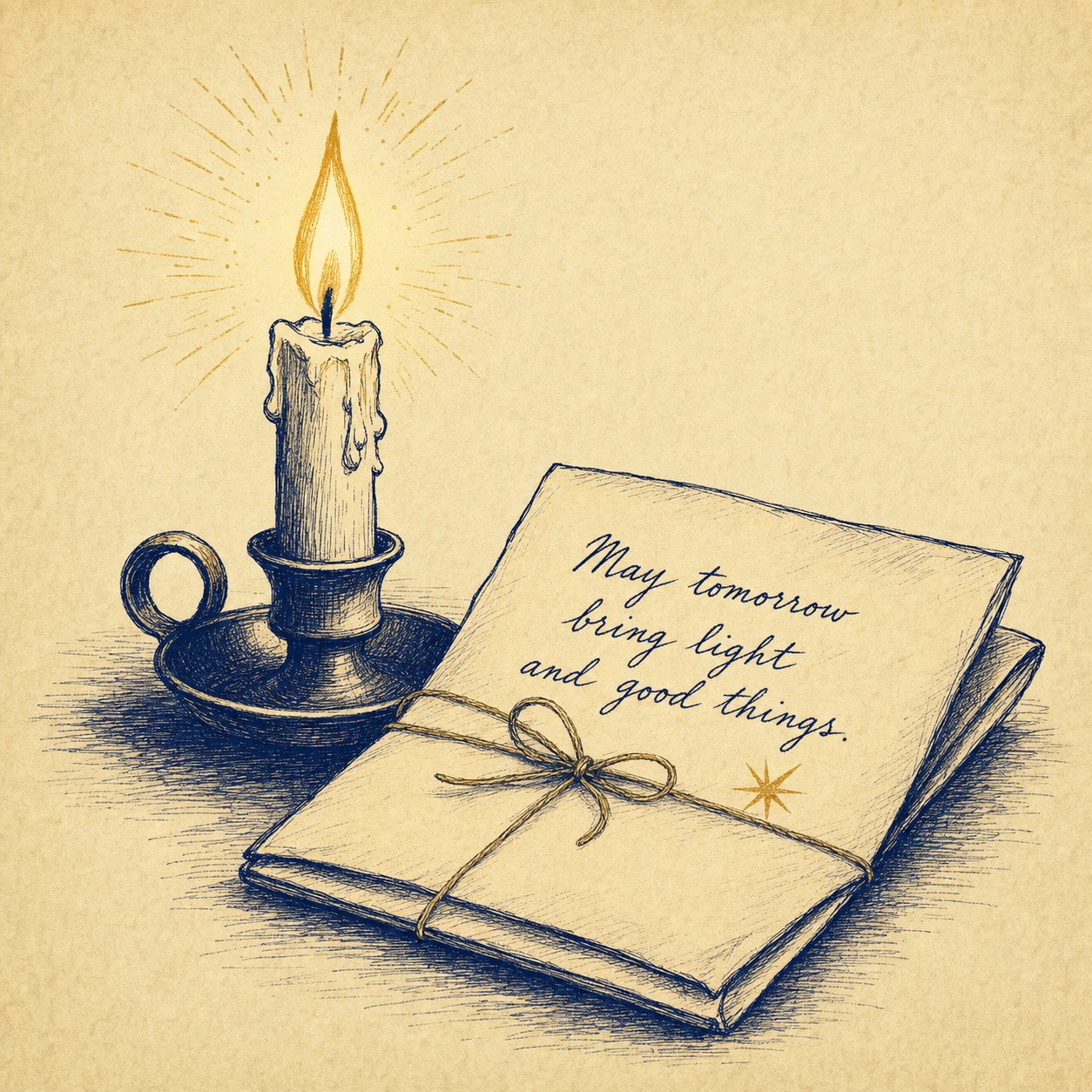 Candle burning beside a stack of letters tied with twine