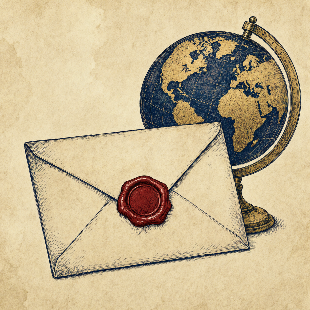 Sealed envelope with wax seal in front of a globe