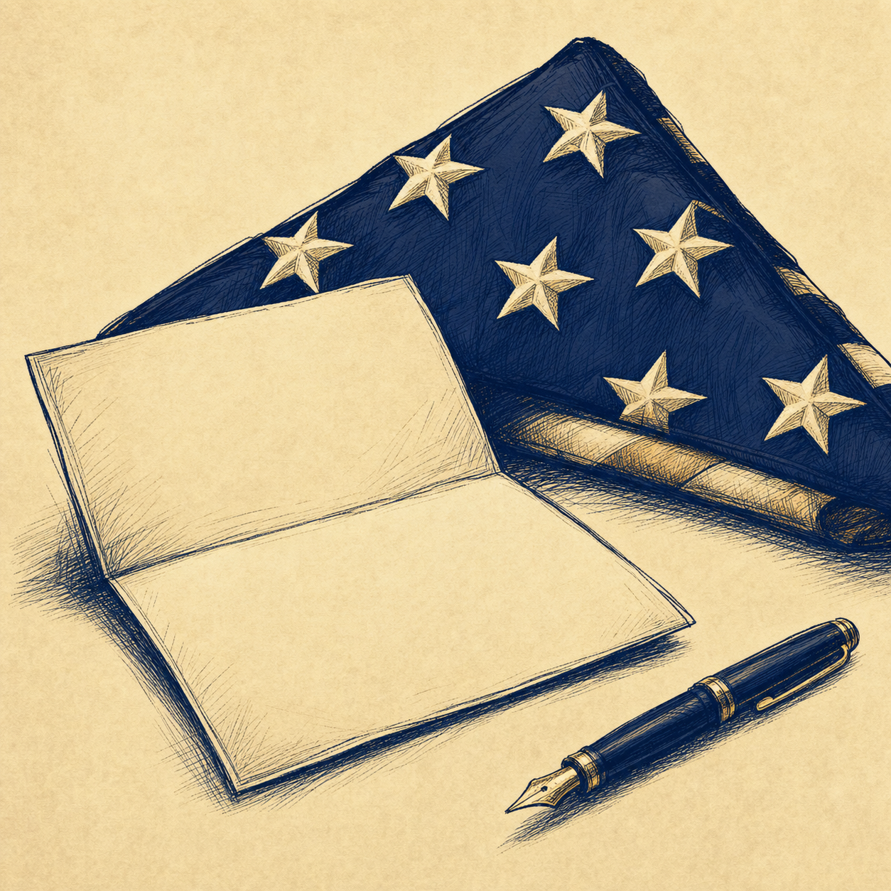 Open letter with folded American flag and fountain pen