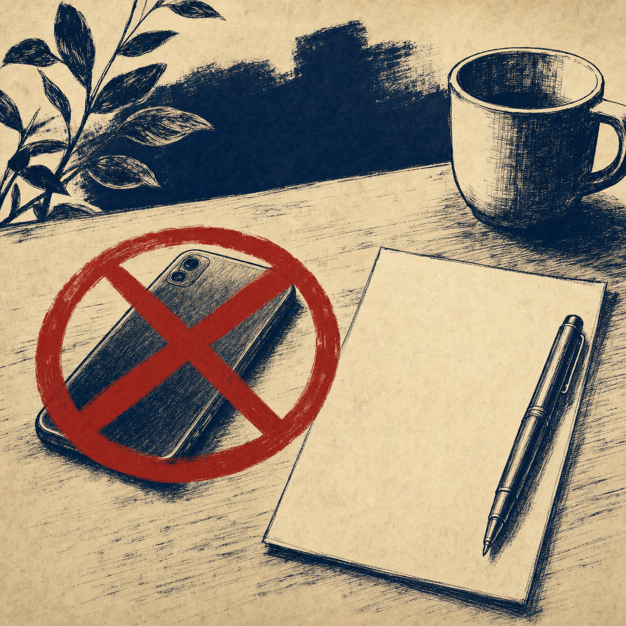 Phone face-down with a red crossed-out circle, beside blank paper and a pen