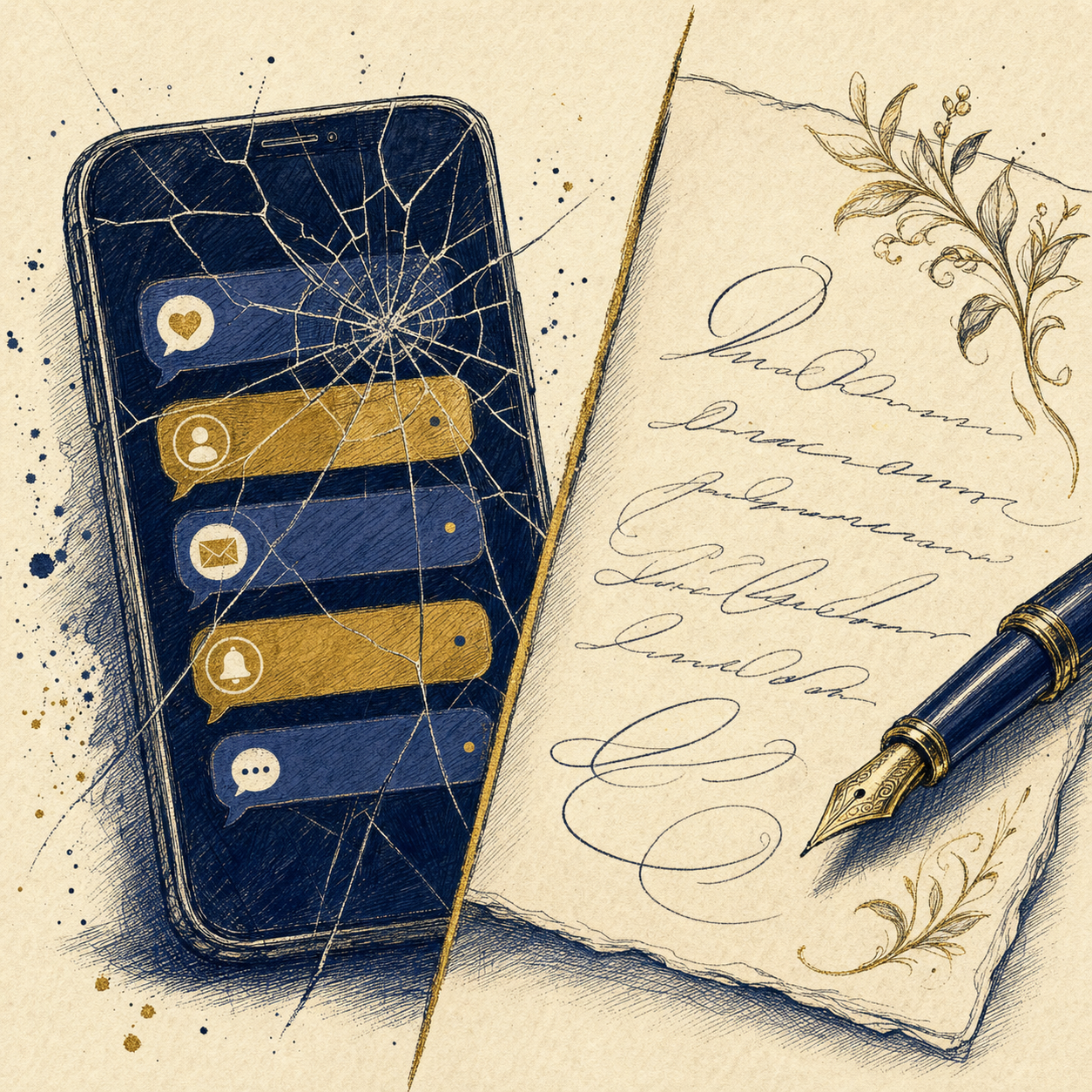 Cracked phone screen with notifications beside a handwritten letter and fountain pen