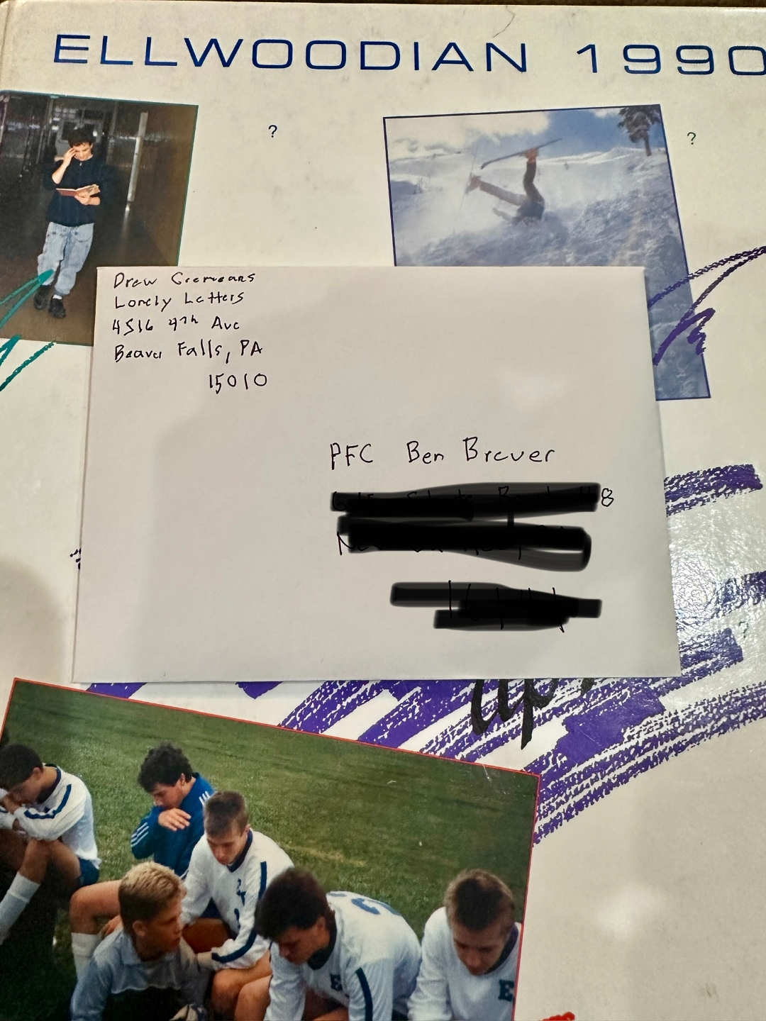 A handwritten Lonely Letters envelope addressed to a service member